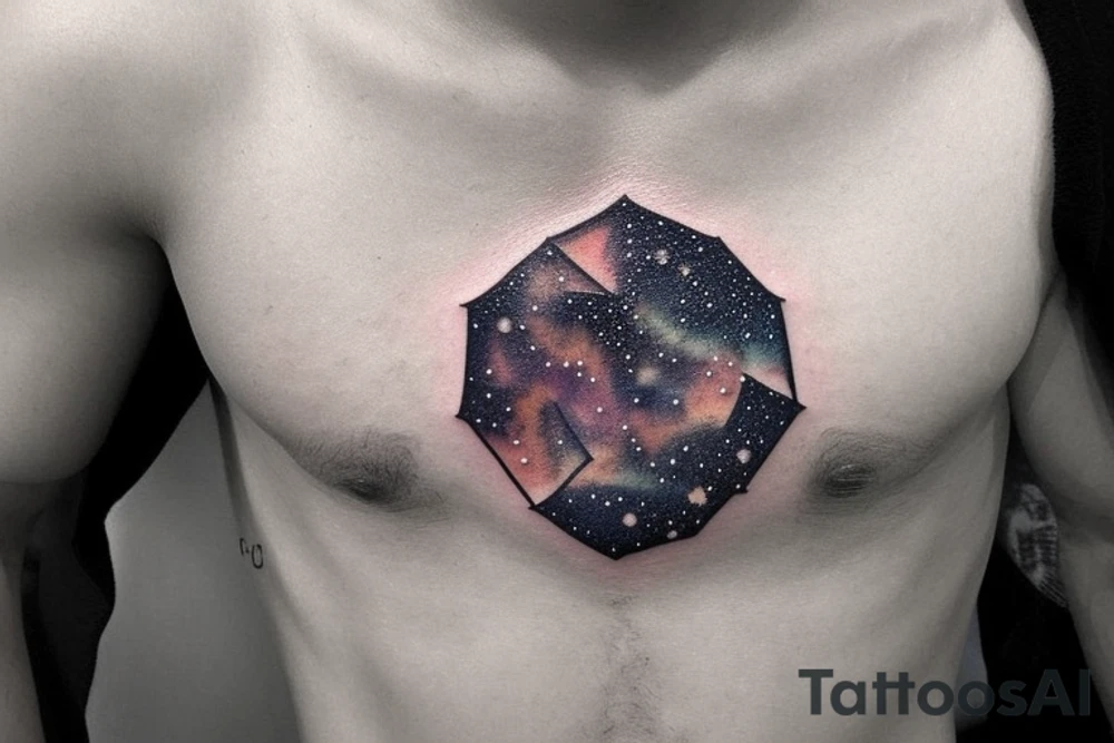 A constellation tattoo with the names of the stars or a quote that inspires the person to explore the universe. Placement is on a male chest pec tattoo idea