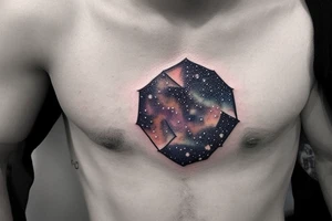 A constellation tattoo with the names of the stars or a quote that inspires the person to explore the universe. Placement is on a male chest pec tattoo idea