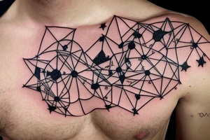A constellation tattoo with the names of the stars or a quote that inspires the person to explore the universe. Placement is on a male chest pec tattoo idea
