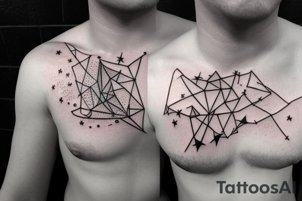 A constellation tattoo with the names of the stars or a quote that inspires the person to explore the universe. Placement is on a male chest pec tattoo idea