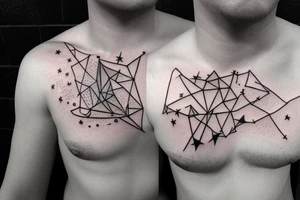A constellation tattoo with the names of the stars or a quote that inspires the person to explore the universe. Placement is on a male chest pec tattoo idea
