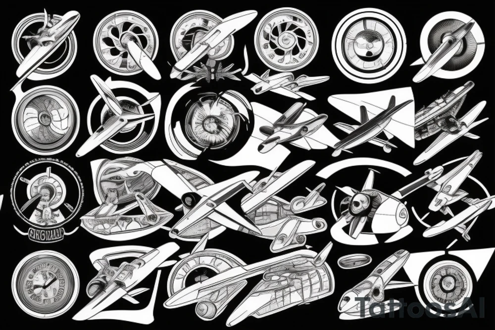 Sport airplane flying in front of air turbine engine tattoo idea