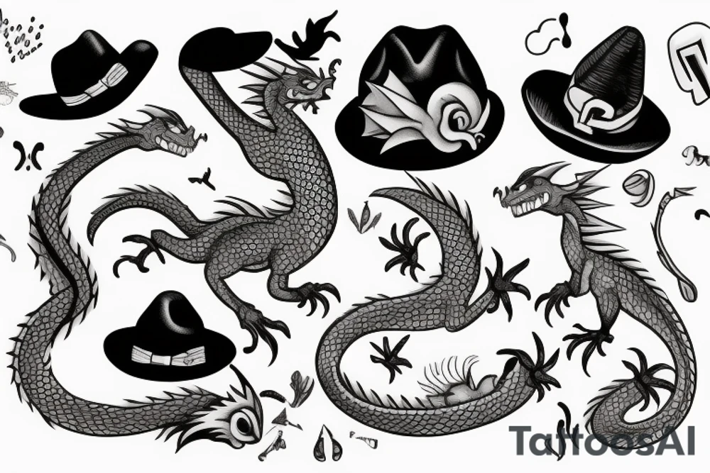 Small dragon wearing hat tattoo idea