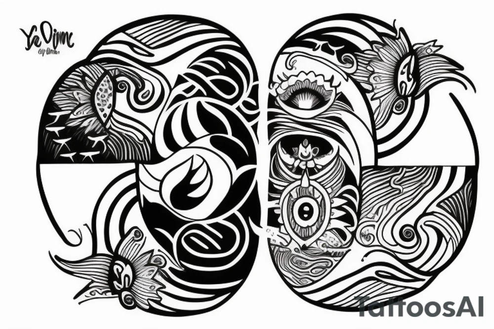 Yin Yang with rainforest in one side and ocean on the other tattoo idea