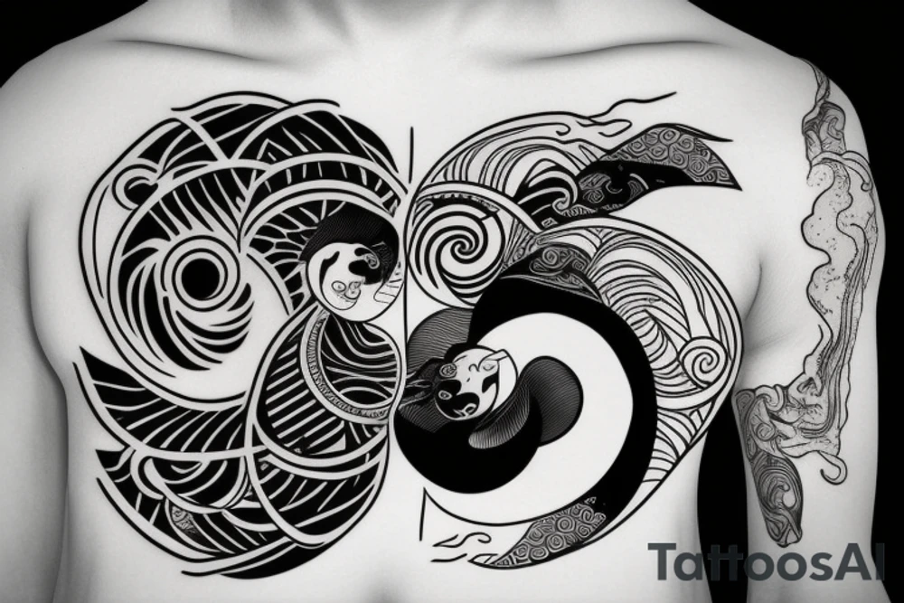 Yin Yang with rainforest in one side and ocean on the other tattoo idea