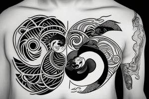 Yin Yang with rainforest in one side and ocean on the other tattoo idea