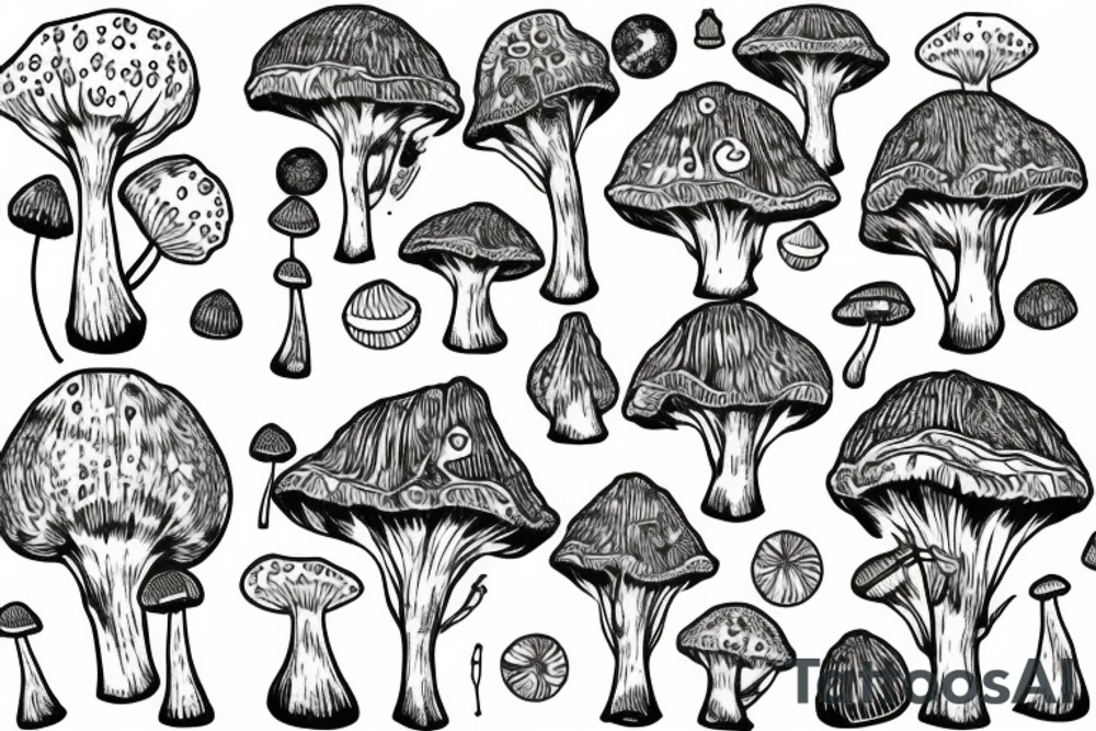 a large tree that grows from the small planet earth, the crown of which is the cap of a fly agaric tattoo idea
