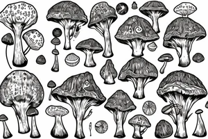 a large tree that grows from the small planet earth, the crown of which is the cap of a fly agaric tattoo idea