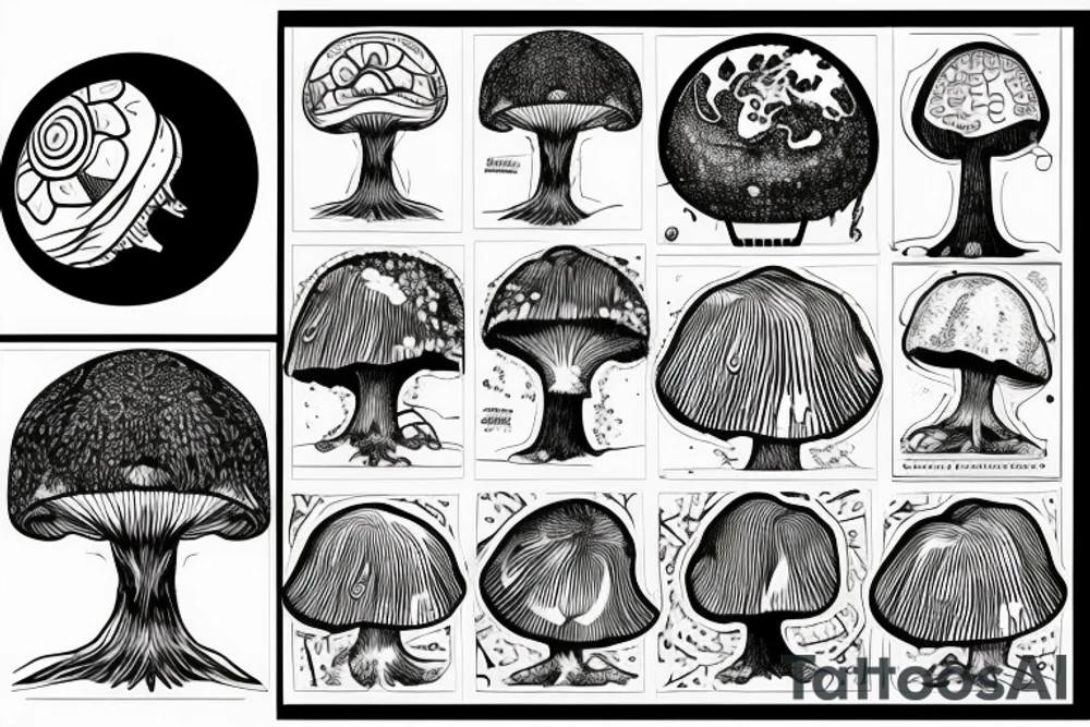 a large tree that grows from the small planet earth, the crown of which is the cap of a fly agaric tattoo idea