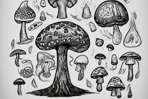 a large tree that grows from the small planet earth, the crown of which is the cap of a amanita tattoo idea