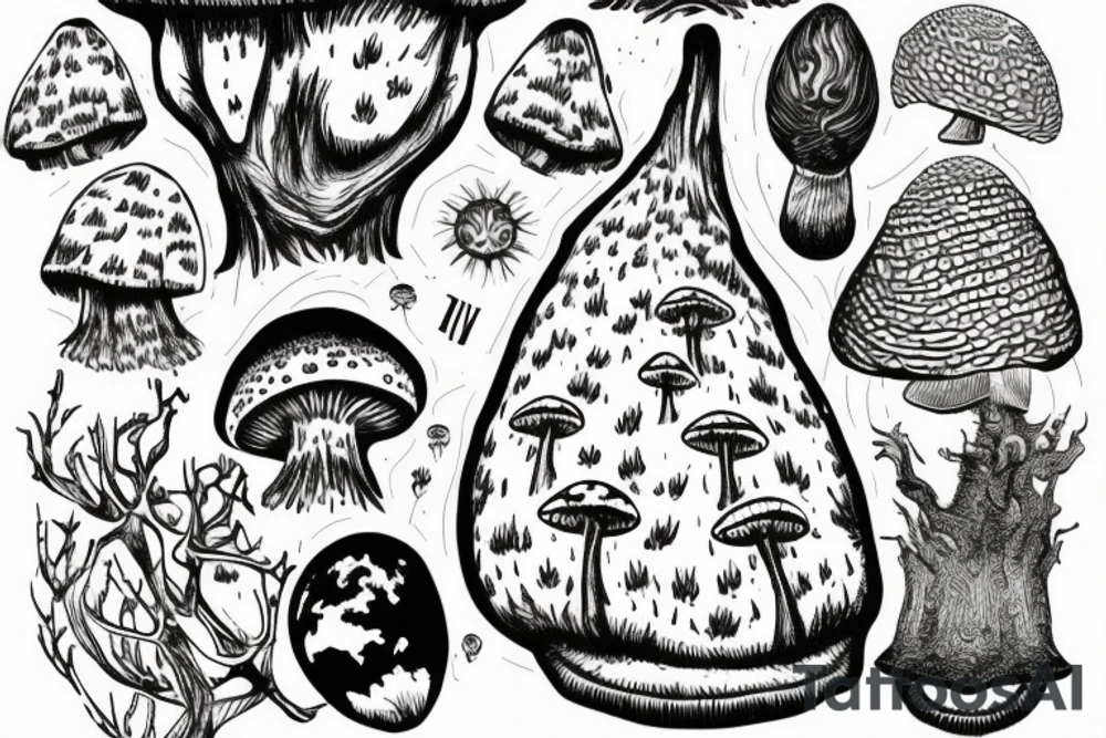 a large tree that grows from the small planet, the crown of which is the cap of a amanita tattoo idea
