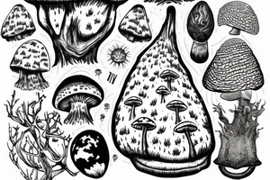 a large tree that grows from the small planet, the crown of which is the cap of a amanita tattoo idea