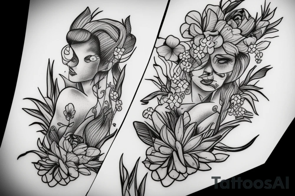Lady swimmer with spring flowers pretty tattoo idea