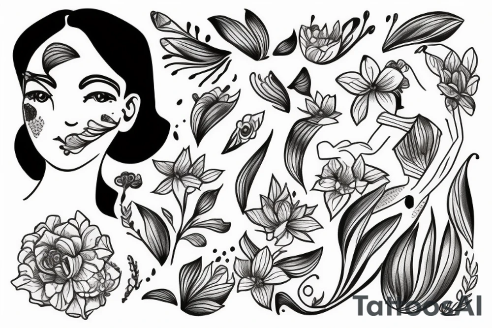 Lady swimmer with spring flowers pretty tattoo idea