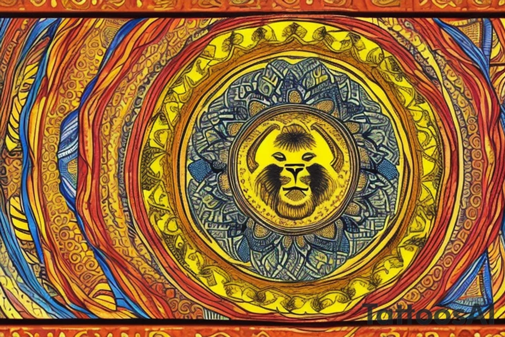 * A lion's head (representing your Leo sign) in the center of the mandala
* Rays of sunlight emanating from the lion's head, symbolizing warmth, energy, and positivity
* A banner wrapped around the lion's head with the word "Family" inscribed, representing the importance of your loved ones
* A pair of hands clasped in prayer positioned below the lion's head, symbolizing your spiritual beliefs and the power of prayer
* The phrase "Dream Big" written in flowing script above the lion's head, encouraging you to reach for the stars
* A small bird in flight, representing freedom of thought and the ability to break free from limiting beliefs
* The phrase "Free Your Mind" written in bold letters beneath the bird, reminding you to let go of negative thoughts and embrace positivity
* The phrase "Enjoy Your Journey" written in a smaller font at the bottom of the mandala, encouraging you to savor every moment of your life's journey tattoo idea
