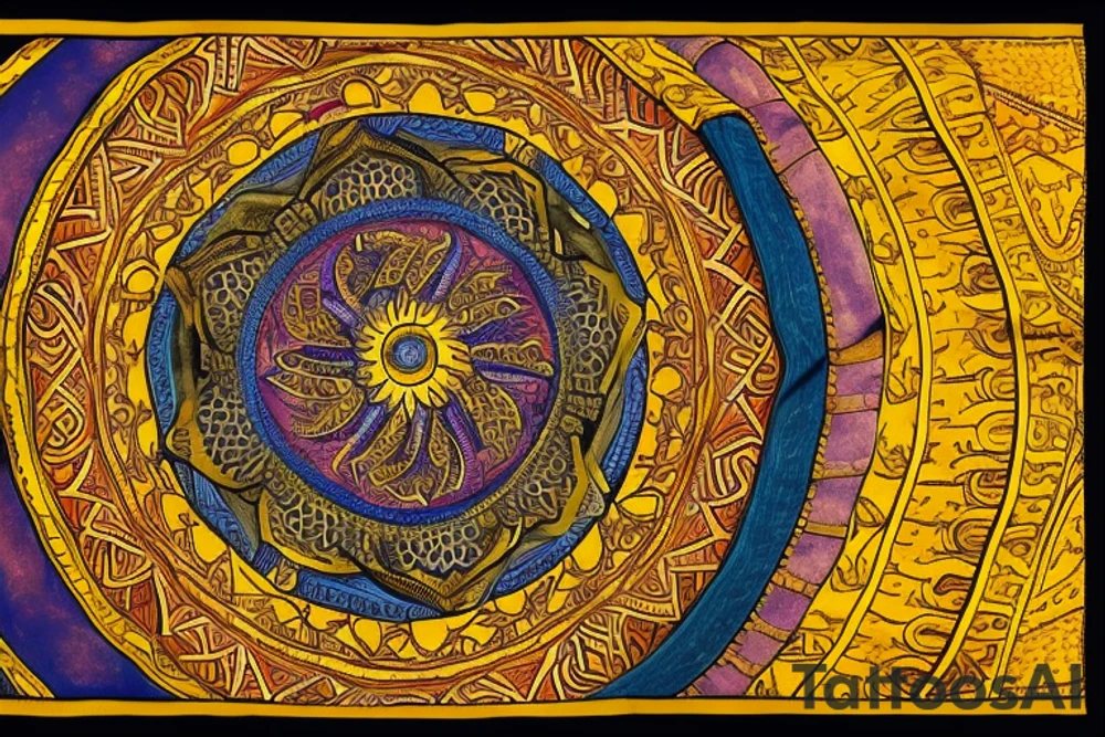 * A lion's head (representing your Leo sign) in the center of the mandala
* Rays of sunlight emanating from the lion's head, symbolizing warmth, energy, and positivity
* A banner wrapped around the lion's head with the word "Family" inscribed, representing the importance of your loved ones
* A pair of hands clasped in prayer positioned below the lion's head, symbolizing your spiritual beliefs and the power of prayer
* The phrase "Dream Big" written in flowing script above the lion's head, encouraging you to reach for the stars
* A small bird in flight, representing freedom of thought and the ability to break free from limiting beliefs
* The phrase "Free Your Mind" written in bold letters beneath the bird, reminding you to let go of negative thoughts and embrace positivity
* The phrase "Enjoy Your Journey" written in a smaller font at the bottom of the mandala, encouraging you to savor every moment of your life's journey tattoo idea