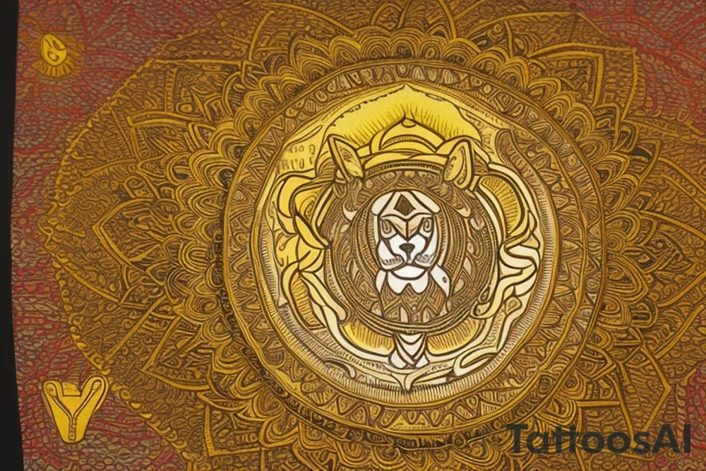 * A lion's head (representing your Leo sign) in the center of the mandala
* Rays of sunlight emanating from the lion's head, symbolizing warmth, energy, and positivity
* A banner wrapped around the lion's head with the word "Family" inscribed, representing the importance of your loved ones
* A pair of hands clasped in prayer positioned below the lion's head, symbolizing your spiritual beliefs and the power of prayer
* The phrase "Dream Big" written in flowing script above the lion's head, encouraging you to reach for the stars
* A small bird in flight, representing freedom of thought and the ability to break free from limiting beliefs
* The phrase "Free Your Mind" written in bold letters beneath the bird, reminding you to let go of negative thoughts and embrace positivity
* The phrase "Enjoy Your Journey" written in a smaller font at the bottom of the mandala, encouraging you to savor every moment of your life's journey tattoo idea