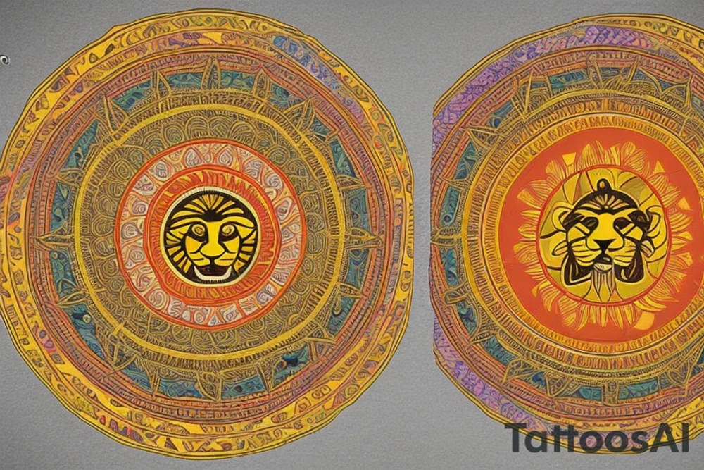 * A lion's head (representing your Leo sign) in the center of the mandala
* Rays of sunlight emanating from the lion's head, symbolizing warmth, energy, and positivity
* A banner wrapped around the lion's head with the word "Family" inscribed, representing the importance of your loved ones
* A pair of hands clasped in prayer positioned below the lion's head, symbolizing your spiritual beliefs and the power of prayer
* The phrase "Dream Big" written in flowing script above the lion's head, encouraging you to reach for the stars
* A small bird in flight, representing freedom of thought and the ability to break free from limiting beliefs
* The phrase "Free Your Mind" written in bold letters beneath the bird, reminding you to let go of negative thoughts and embrace positivity
* The phrase "Enjoy Your Journey" written in a smaller font at the bottom of the mandala, encouraging you to savor every moment of your life's journey tattoo idea