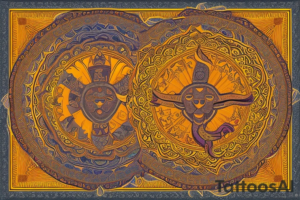 * A lion's head (representing your Leo sign) in the center of the mandala
* Rays of sunlight emanating from the lion's head, symbolizing warmth, energy, and positivity
* A banner wrapped around the lion's head with the word "Family" inscribed, representing the importance of your loved ones
* A pair of hands clasped in prayer positioned below the lion's head, symbolizing your spiritual beliefs and the power of prayer
* The phrase "Dream Big" written in flowing script above the lion's head, encouraging you to reach for the stars
* A small bird in flight, representing freedom of thought and the ability to break free from limiting beliefs
* The phrase "Free Your Mind" written in bold letters beneath the bird, reminding you to let go of negative thoughts and embrace positivity
* The phrase "Enjoy Your Journey" written in a smaller font at the bottom of the mandala, encouraging you to savor every moment of your life's journey tattoo idea