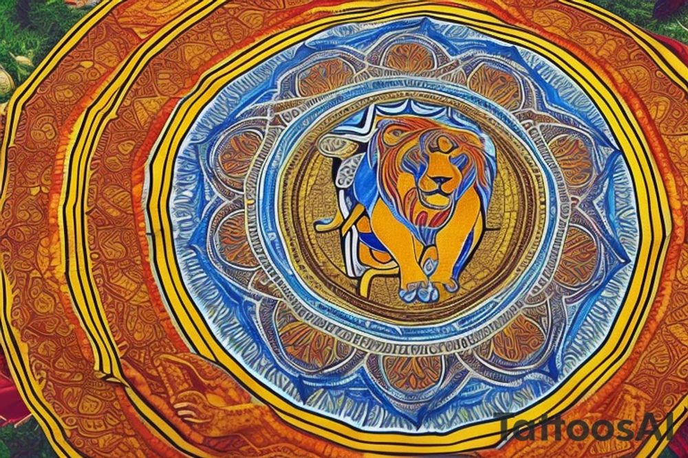 * A lion's head (representing your Leo sign) in the center of the mandala
* Rays of sunlight emanating from the lion's head, symbolizing warmth, energy, and positivity
* A banner wrapped around the lion's head with the word "Family" inscribed, representing the importance of your loved ones
* A pair of hands clasped in prayer positioned below the lion's head, symbolizing your spiritual beliefs and the power of prayer
* The phrase "Dream Big" written in flowing script above the lion's head, encouraging you to reach for the stars
* A small bird in flight, representing freedom of thought and the ability to break free from limiting beliefs
* The phrase "Free Your Mind" written in bold letters beneath the bird, reminding you to let go of negative thoughts and embrace positivity
* The phrase "Enjoy Your Journey" written in a smaller font at the bottom of the mandala, encouraging you to savor every moment of your life's journey tattoo idea