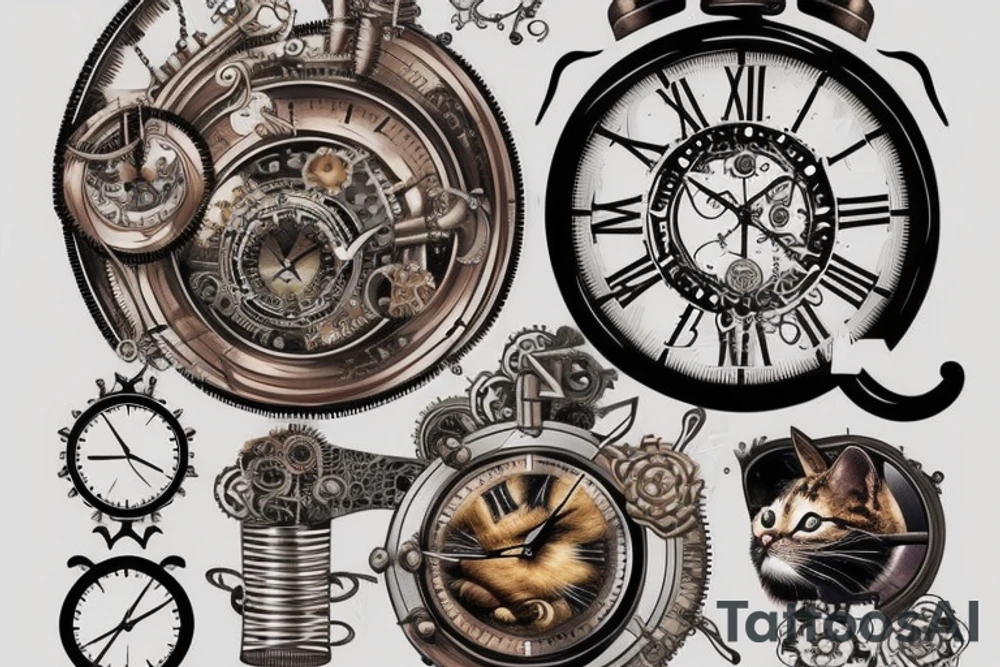 Steampunk, Cat, clock tattoo idea