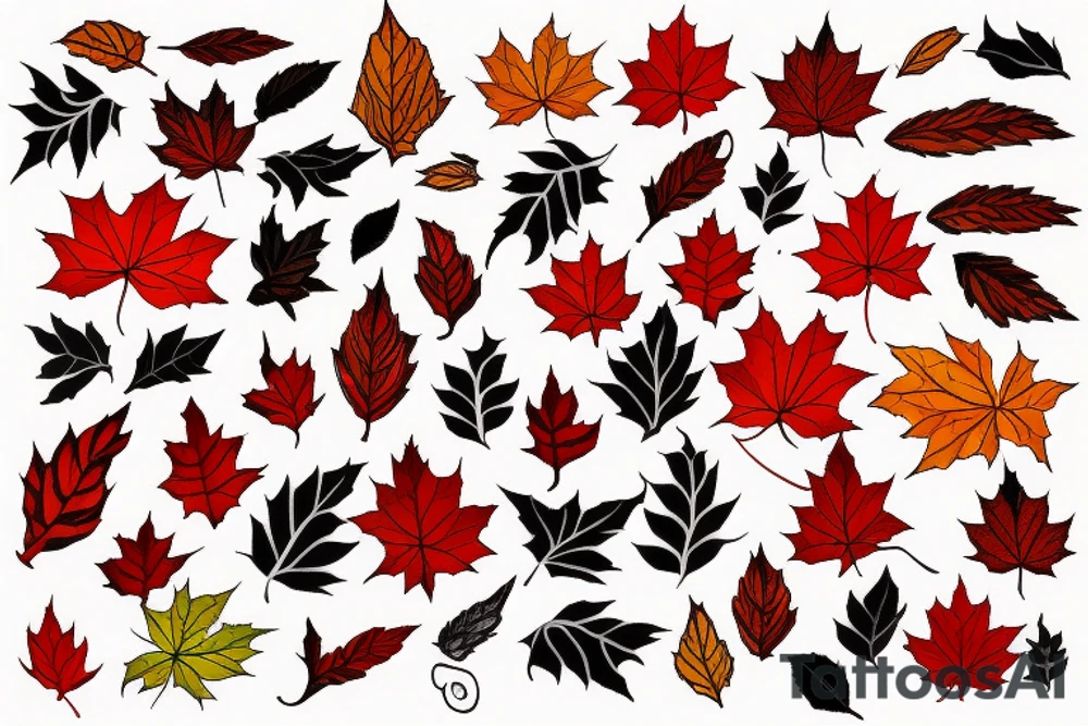 The red, orange and yellow leaves of a maple tree are intertwined with fire. All of this is covered in white contrasting tribal tattoo idea