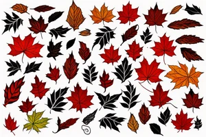 The red, orange and yellow leaves of a maple tree are intertwined with fire. All of this is covered in white contrasting tribal tattoo idea