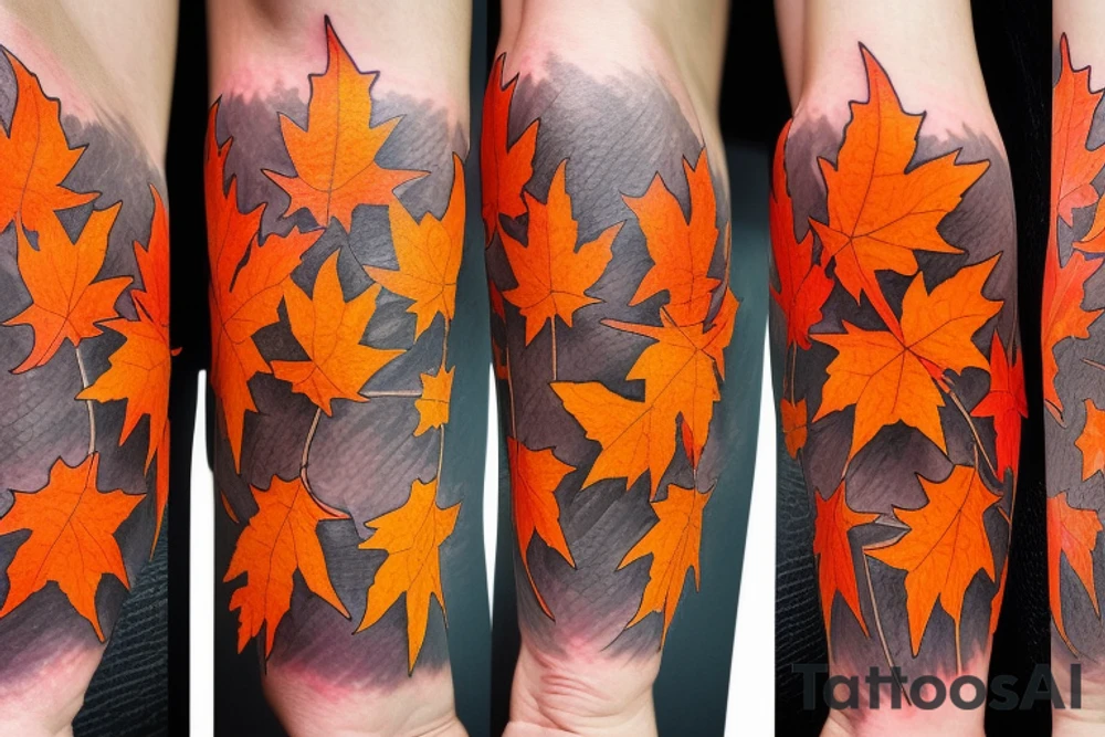 The red, orange and yellow leaves of a maple tree are intertwined with fire. All of this is covered in white contrasting tribal tattoo idea