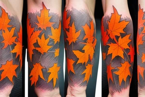 The red, orange and yellow leaves of a maple tree are intertwined with fire. All of this is covered in white contrasting tribal tattoo idea