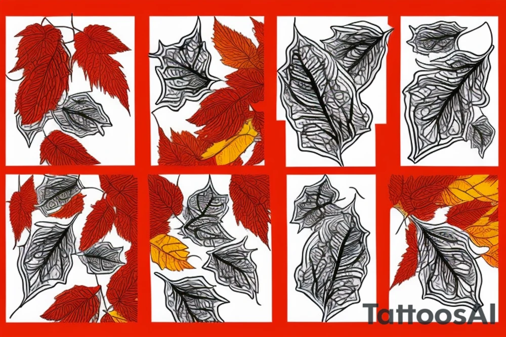 The red, orange and yellow leaves of a maple tree are intertwined with fire. All of this is covered in white contrasting tribal tattoo idea