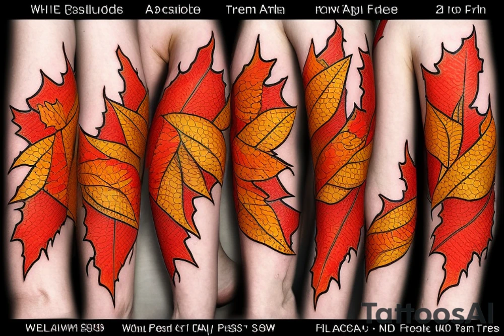 The red, orange and yellow leaves of a maple tree are intertwined with fire. All of this is covered in white contrasting tribal tattoo idea