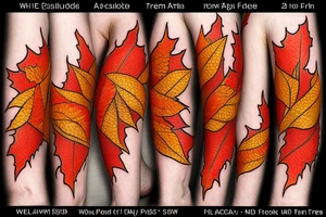 The red, orange and yellow leaves of a maple tree are intertwined with fire. All of this is covered in white contrasting tribal tattoo idea