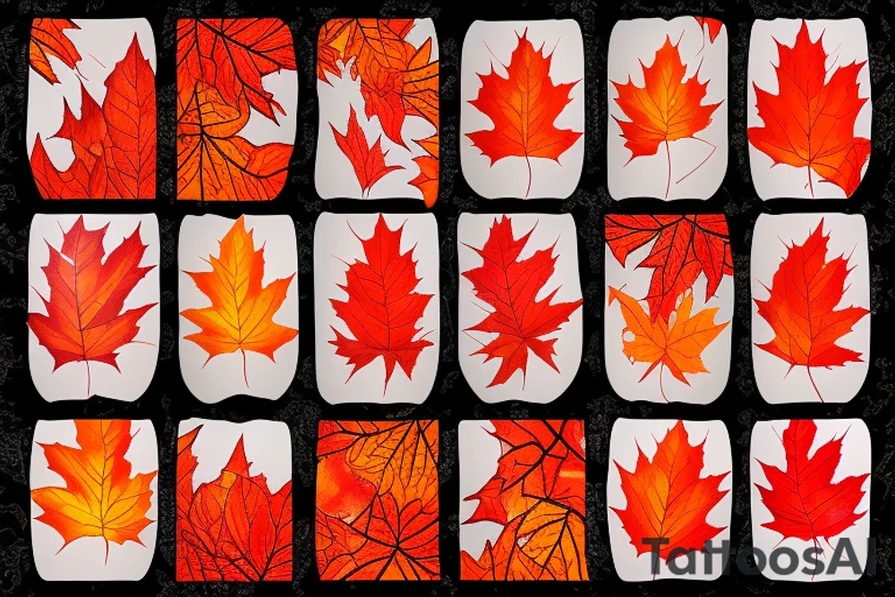 The red, orange and yellow leaves of a maple tree are intertwined with fire. All of this is covered in white contrasting tribal tattoo idea