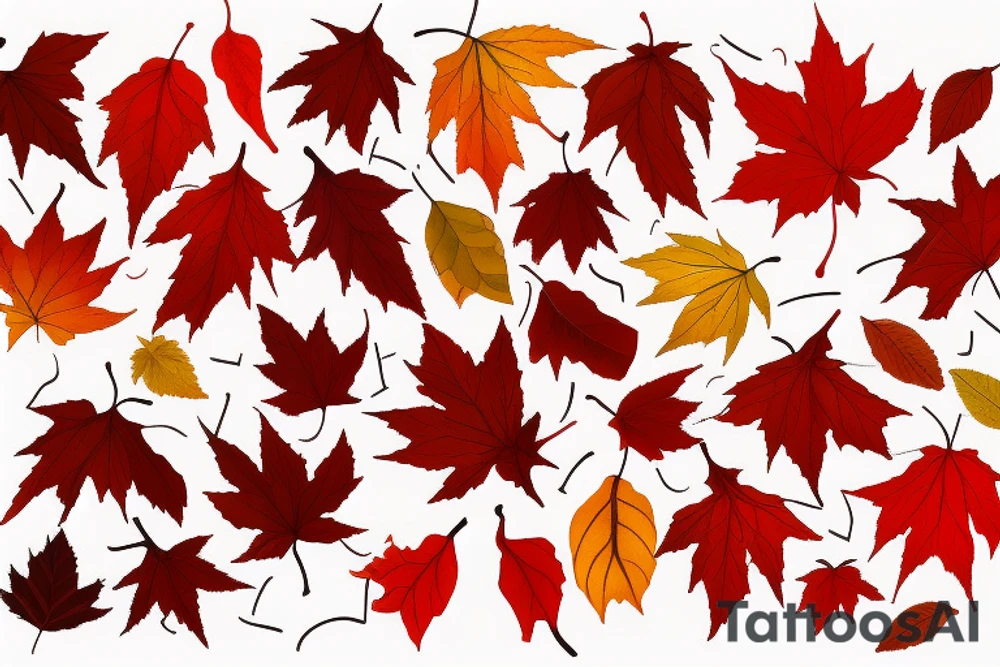 The red, orange and yellow leaves of a maple tree are intertwined with fire. All of this is covered in white contrasting tribal tattoo idea