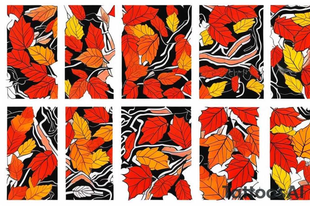 The red, orange and yellow leaves of a maple tree are intertwined with fire. All of this is covered in white contrasting tribal tattoo idea