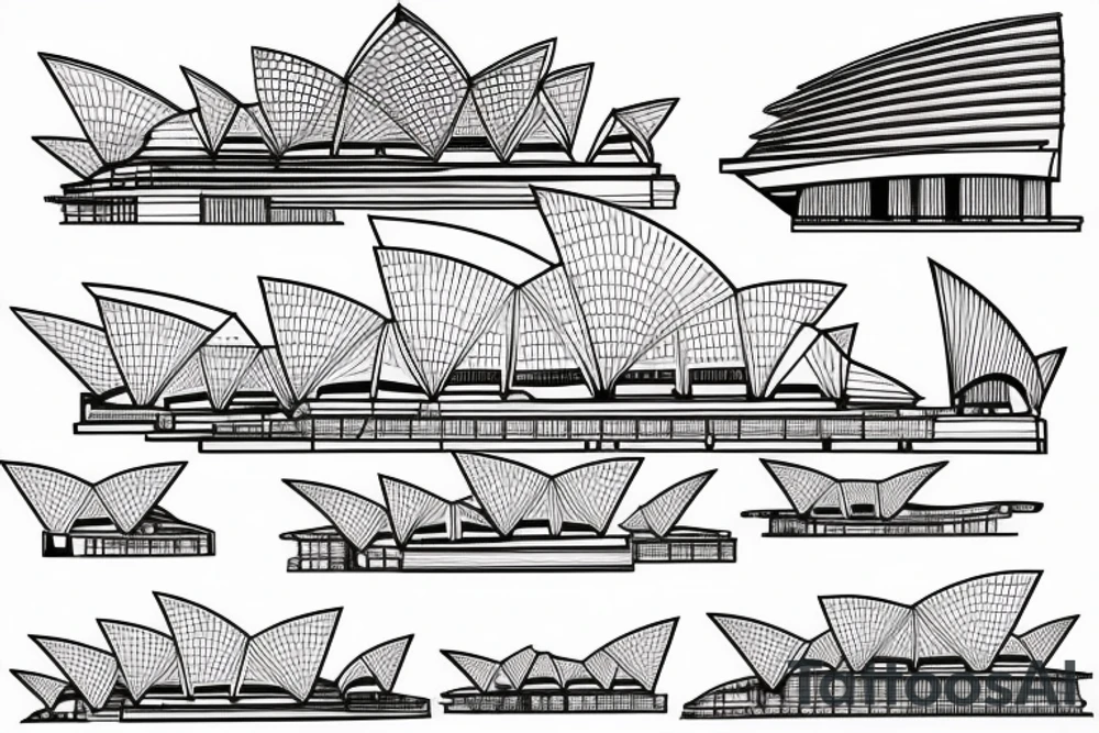 Sydney Opera house architecture blueprints in fine lines tattoo idea