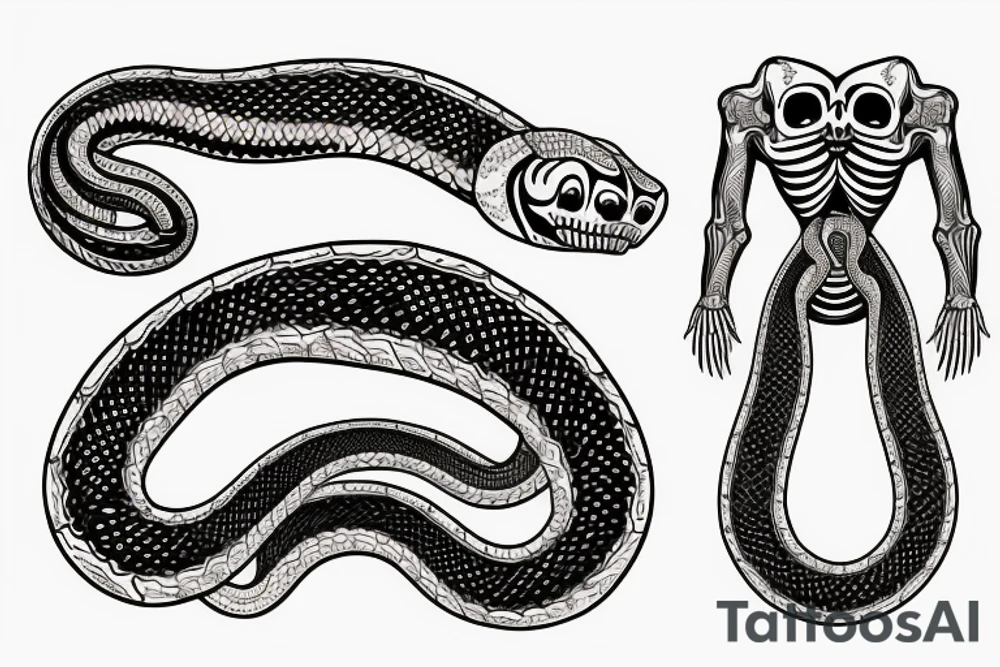 two symmetrical skeletons of a snake, located from the waist to the middle of the hips tattoo idea