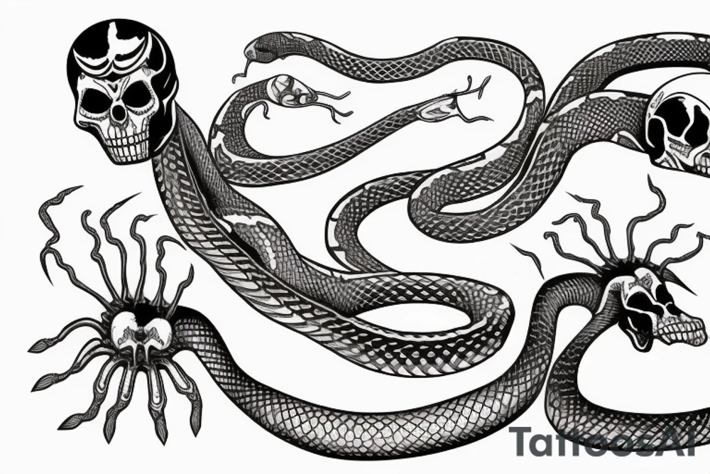 two symmetrical skeletons of a snake, located from the waist to the middle of the hips tattoo idea