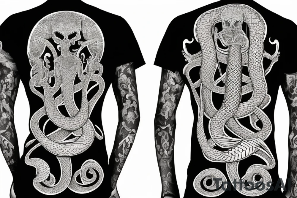 two symmetrical skeletons of a snake, located from the waist to the middle of the hips tattoo idea