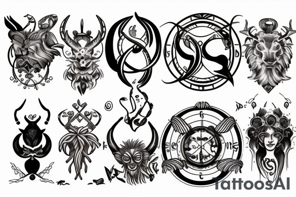 Combination of the following zodiac signs. Leo, Cancer, Scorpio, Capricorn, and Virgo tattoo idea