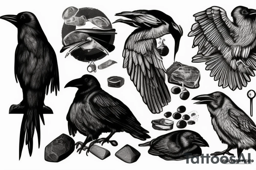 Raven pecks meat sitting on a stone tattoo idea