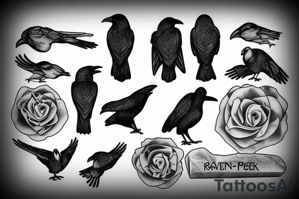 Raven pecks meat sitting on a stone tattoo idea