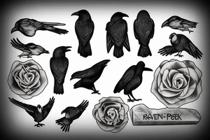Raven pecks meat sitting on a stone tattoo idea