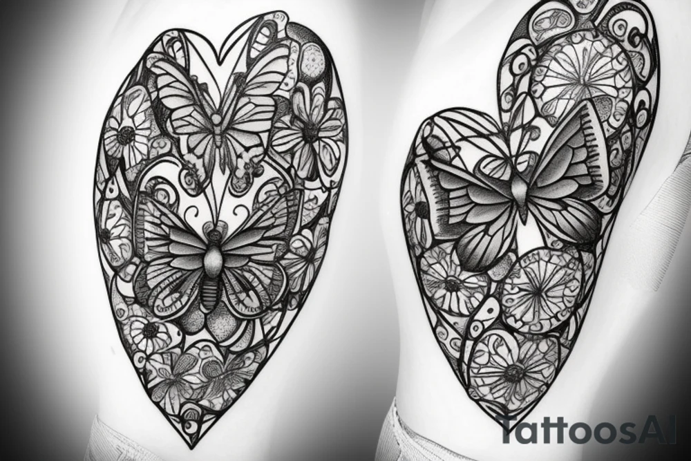 Heart made of wildflowers with butterfly in centre tattoo idea