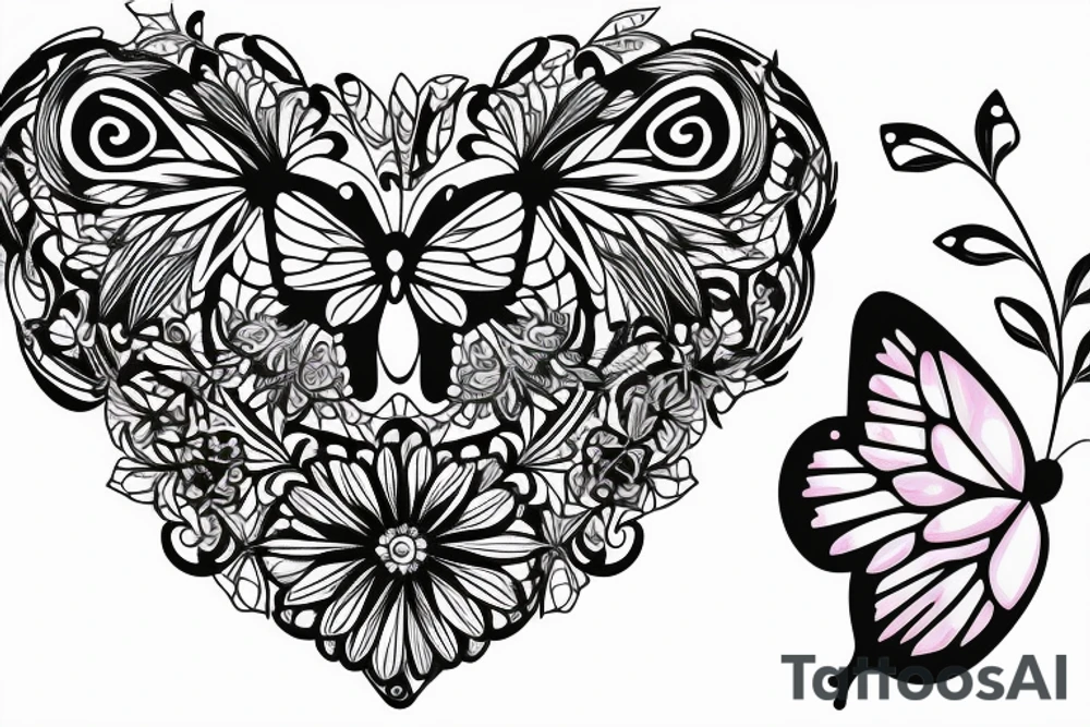 Open Heart made of wildflowers with butterfly in centre tattoo idea