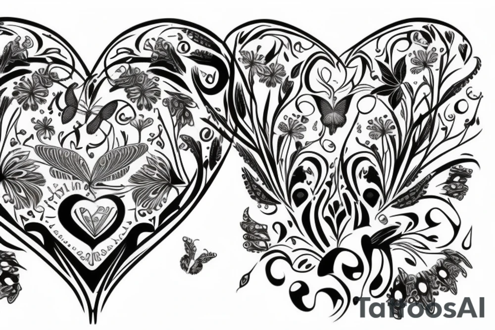 Open Heart made of wildflowers with butterfly in centre tattoo idea
