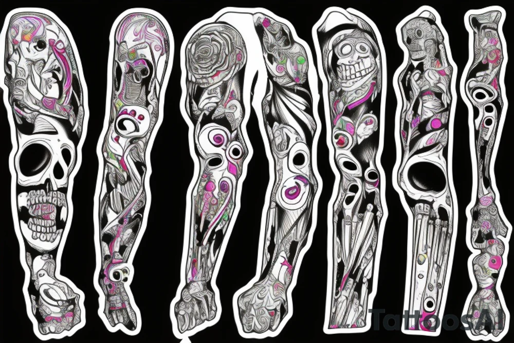 Bright, colorful dancing skeletons, beautiful background tattoo idea