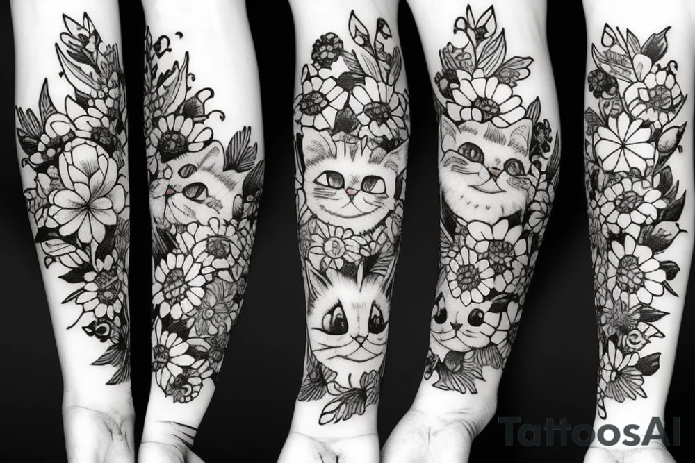 a cat like tattooist fluffy style, with flowers tattoo idea