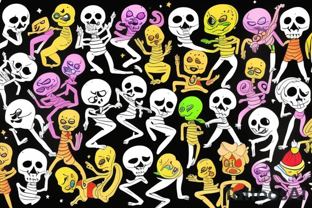 Bright, colorful dancing skeletons, beautiful background tattoo idea