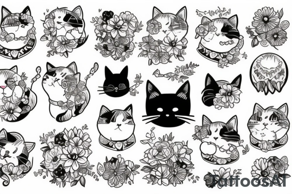 a cat like tattooist fluffy style, with flowers tattoo idea